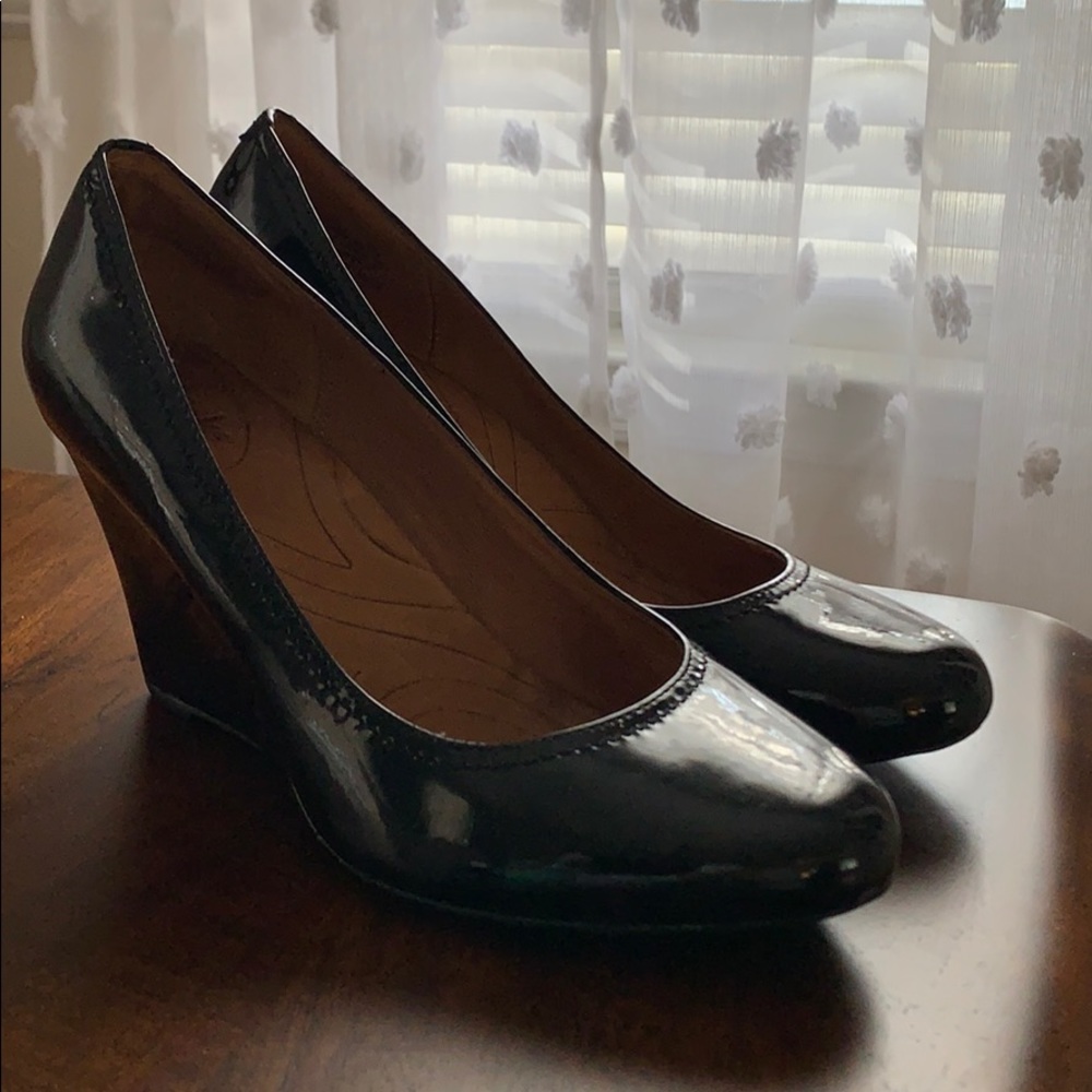 Clark’s patent leather wedges